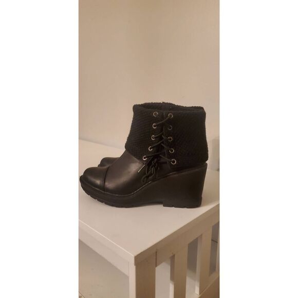 TIMBERLAND Kelli's Black Leather Mid Fold Down Wedge Boots Size 8.5 - Picture 4 of 10